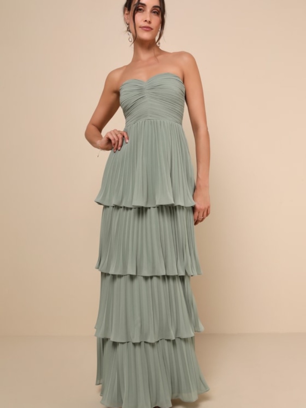 Lulus Seriously Sensational Sage Brush Strapless Tiered Maxi Dress Green